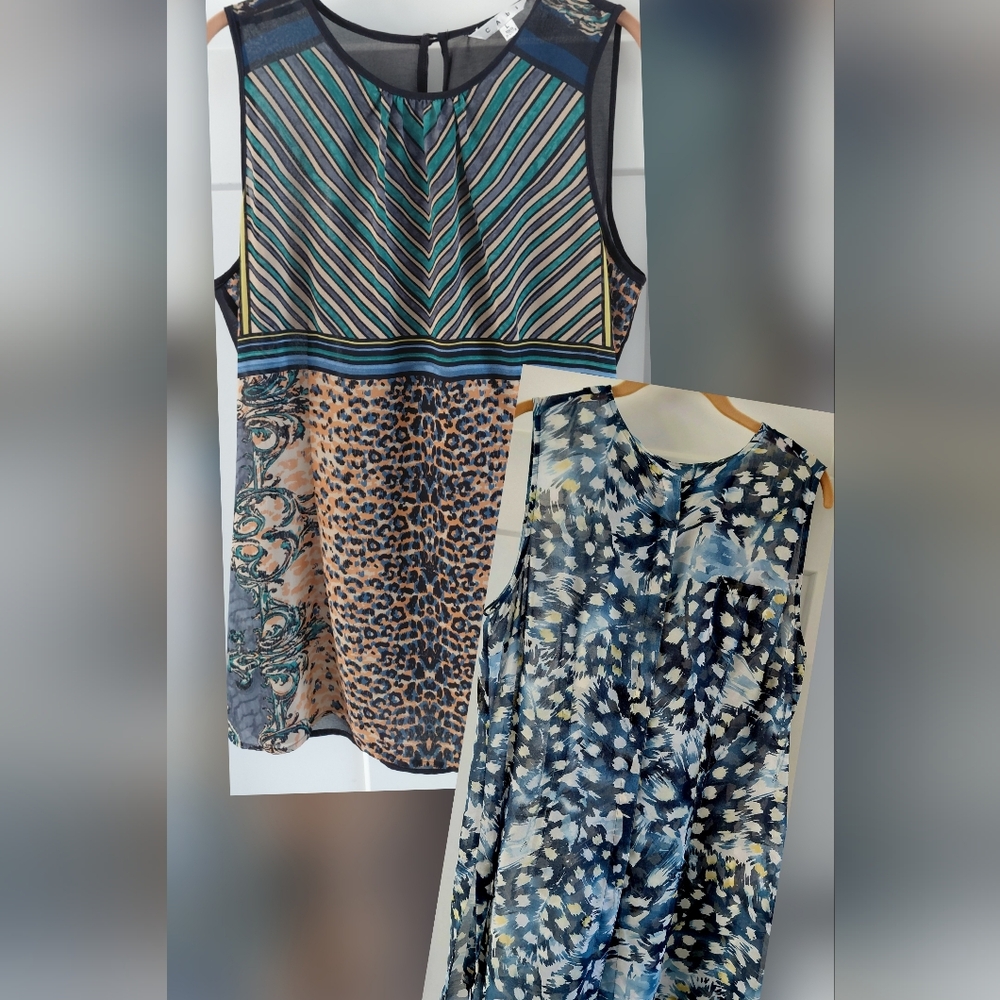 CAbi Sleeveless Top | Blue and White Animal Print Scoop Neck Lot Of 2 Large